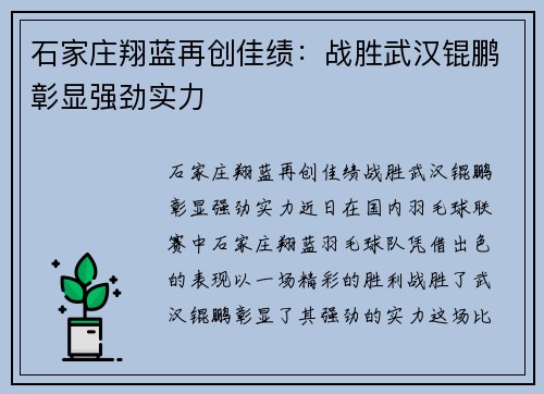 石家庄翔蓝再创佳绩：战胜武汉锟鹏彰显强劲实力