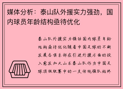 媒体分析：泰山队外援实力强劲，国内球员年龄结构亟待优化