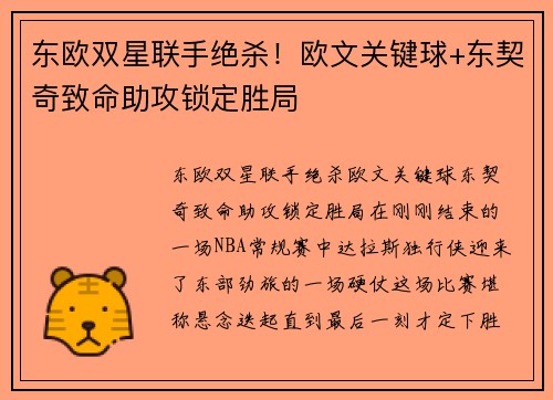 东欧双星联手绝杀！欧文关键球+东契奇致命助攻锁定胜局