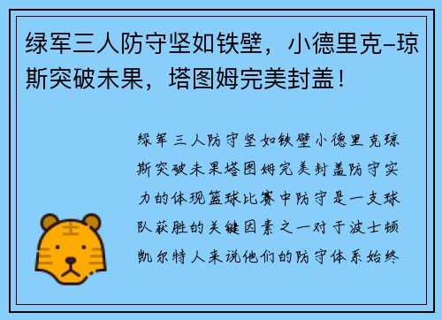 绿军三人防守坚如铁壁，小德里克-琼斯突破未果，塔图姆完美封盖！