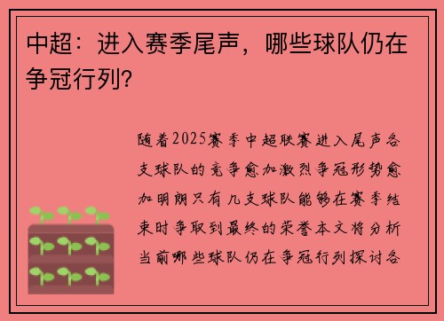 中超:进入赛季尾声,哪些球队仍在争冠行列?