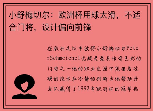 小舒梅切尔：欧洲杯用球太滑，不适合门将，设计偏向前锋