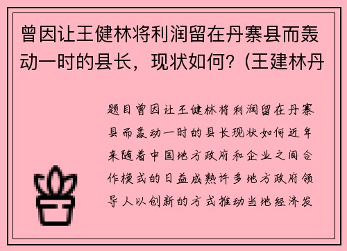 曾因让王健林将利润留在丹寨县而轰动一时的县长，现状如何？(王建林丹寨县长视频)