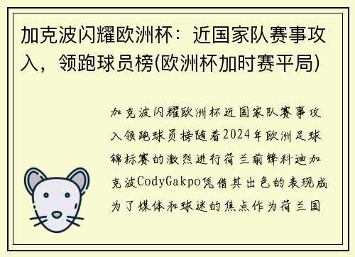 加克波闪耀欧洲杯：近国家队赛事攻入，领跑球员榜(欧洲杯加时赛平局)