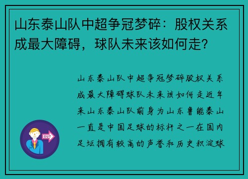 山东泰山队中超争冠梦碎：股权关系成最大障碍，球队未来该如何走？
